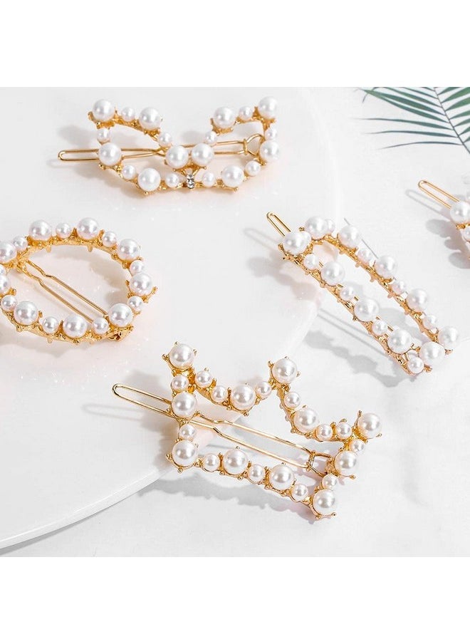 Korean Style Gold Metal Pearl Geometric Stone Lock Hair Pins Hair Clip Hair Accessories Jewellery For Women And Girls (Pack Of 6 Pcs) (White & Gold Pearl)