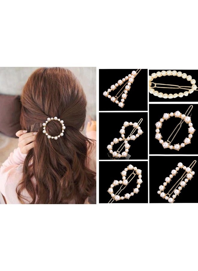 Korean Style Gold Metal Pearl Geometric Stone Lock Hair Pins Hair Clip Hair Accessories Jewellery For Women And Girls (Pack Of 6 Pcs) (White & Gold Pearl)