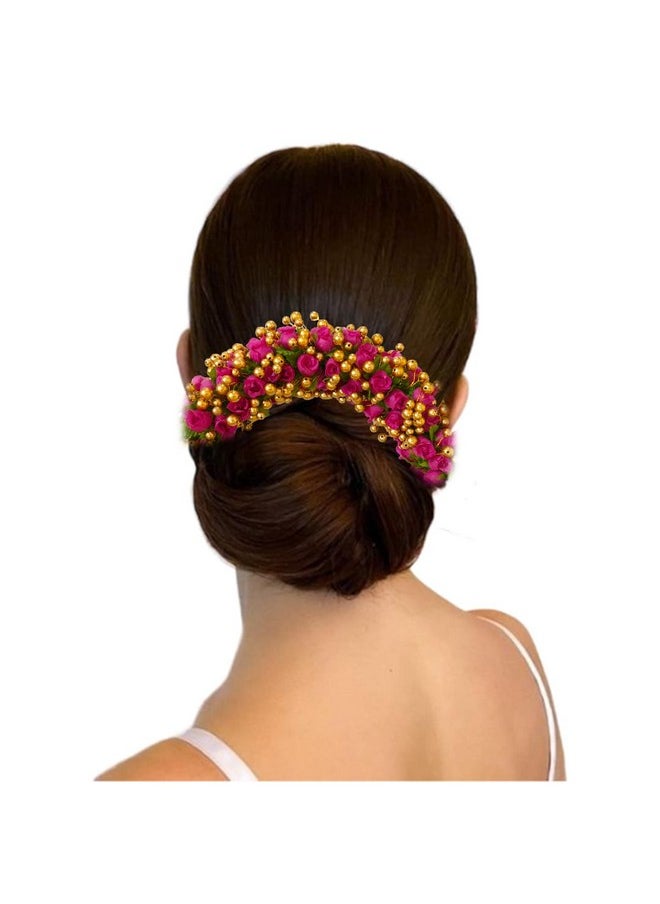 Artificial Plastic Gajra With Golden Beads Design Hair Pin/ Judabun/ Hair Accessories For Women & Girls - Dark Pink, 2632, Pack Of 1