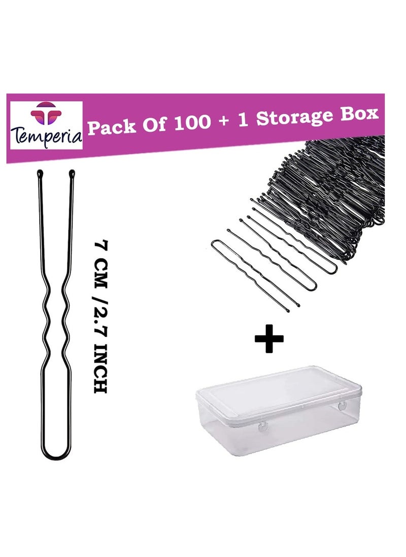 Temperia U Hair Pins for Women & Girls | Juda Pins (Pack Of 100) (With Storage Box) (7cm Long) | Stylish U-Shaped Hairpins for Hairstyling | Hair Styling Accessories Clips (Black)