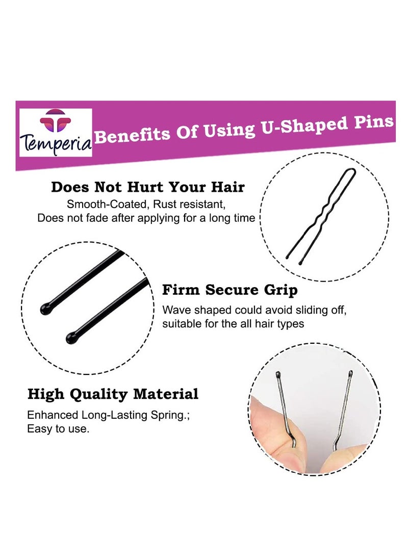 Temperia U Hair Pins for Women & Girls | Juda Pins (Pack Of 100) (With Storage Box) (7cm Long) | Stylish U-Shaped Hairpins for Hairstyling | Hair Styling Accessories Clips (Black)