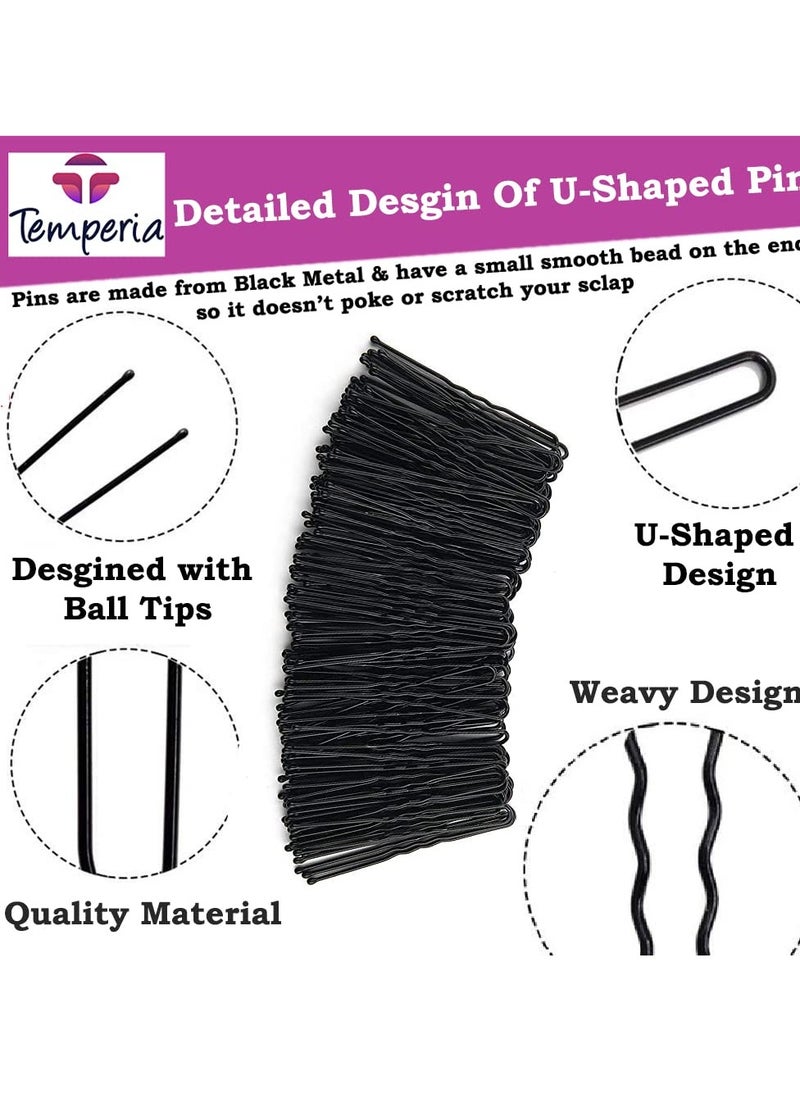 Temperia U Hair Pins for Women & Girls | Juda Pins (Pack Of 100) (With Storage Box) (7cm Long) | Stylish U-Shaped Hairpins for Hairstyling | Hair Styling Accessories Clips (Black)