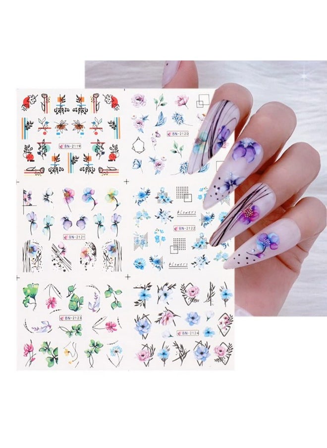 12 Sheets Colorful Flower Leaves, Water Transfer Nail Sticker, Decals Diy For Manicure