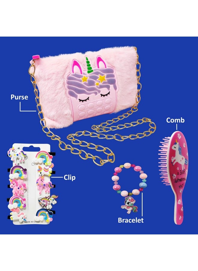 Combo (Pack Of 4 Items) For Birthday Return Gifts For Kids1 Unicorn Printed Pop It Fer Purse, 1 Unicorn Comb, 1 Unicorn Bracelet And 10Pc Unicorn Clip For Girl Kids