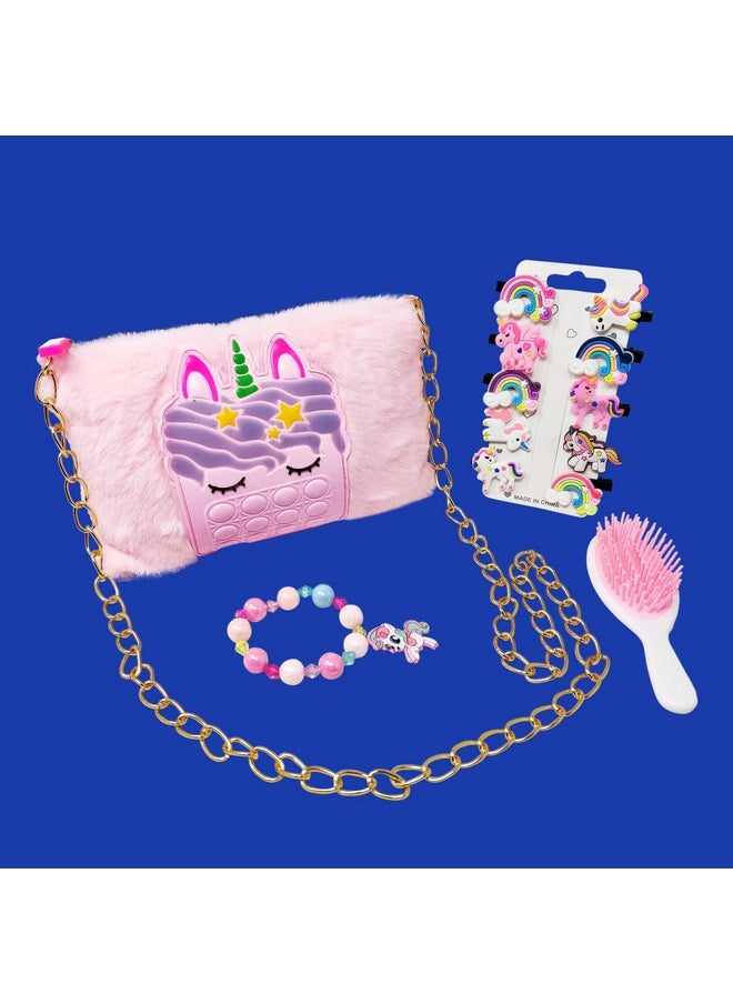 Combo (Pack Of 4 Items) For Birthday Return Gifts For Kids1 Unicorn Printed Pop It Fer Purse, 1 Unicorn Comb, 1 Unicorn Bracelet And 10Pc Unicorn Clip For Girl Kids
