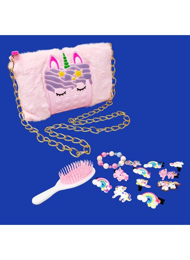 Combo (Pack Of 4 Items) For Birthday Return Gifts For Kids1 Unicorn Printed Pop It Fer Purse, 1 Unicorn Comb, 1 Unicorn Bracelet And 10Pc Unicorn Clip For Girl Kids