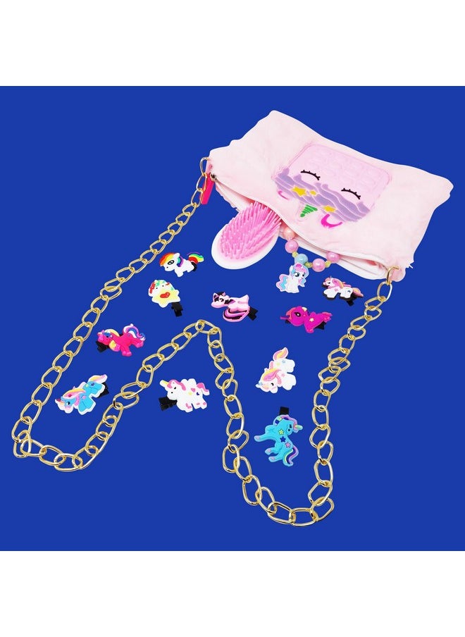 Combo (Pack Of 4 Items) For Birthday Return Gifts For Kids1 Unicorn Printed Pop It Fer Purse, 1 Unicorn Comb, 1 Unicorn Bracelet And 10Pc Unicorn Clip For Girl Kids