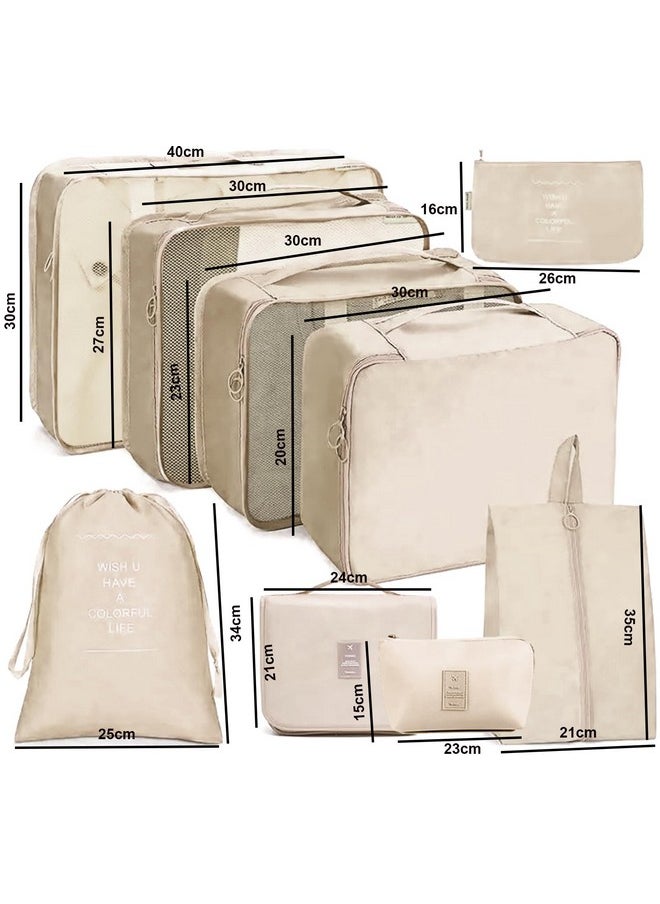 9Pcs Set Travel Organizer Packing Cubes Lightweight Travel Luggage Organizers With Laundry Bag Or Toiletry Bag (Beige)