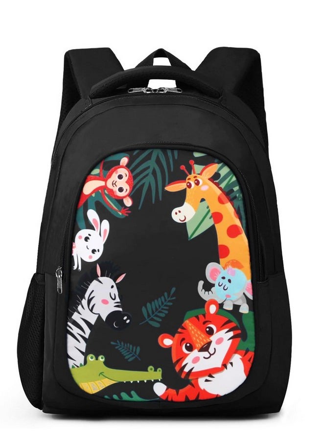 Waterproof Polyester 26 L School Backpack With Pencil/Staionery Pouch School Bag Daypack Picnic Bag For School Going Boys & Girls (Bk_Black_Animals_24_A)