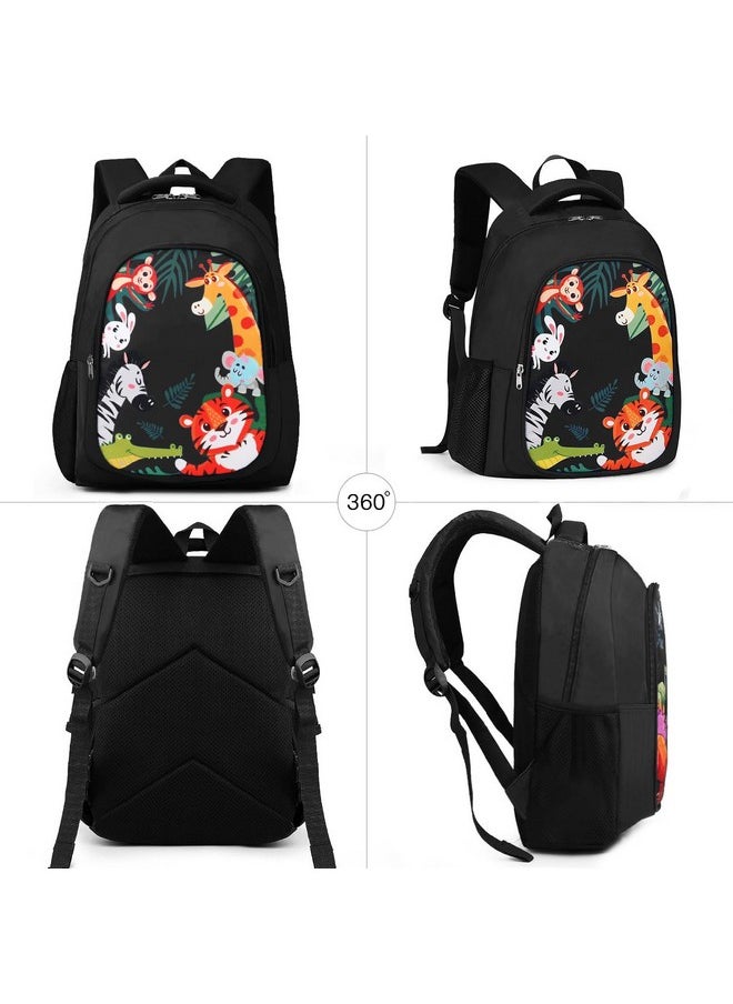 Waterproof Polyester 26 L School Backpack With Pencil/Staionery Pouch School Bag Daypack Picnic Bag For School Going Boys & Girls (Bk_Black_Animals_24_A)