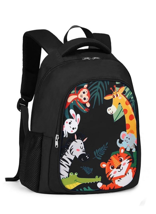 Waterproof Polyester 26 L School Backpack With Pencil/Staionery Pouch School Bag Daypack Picnic Bag For School Going Boys & Girls (Bk_Black_Animals_24_A)