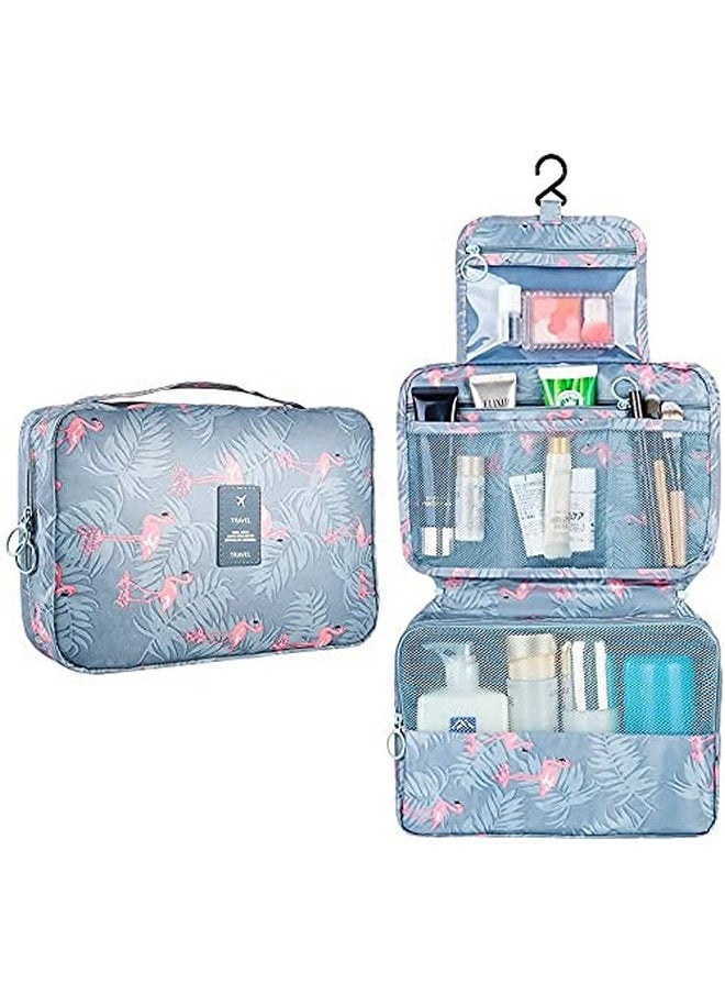 Hanging 18 Cms Travel Toiletry Kit Bag Cosmetic Makeup Bag Organizer For Women And Girls (Grey Flamingo)