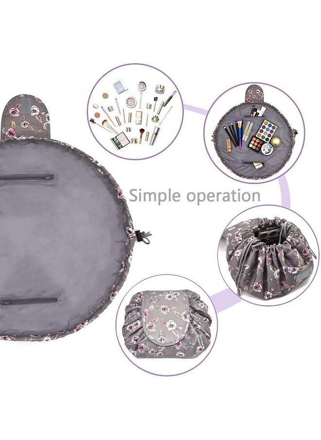 Lazy Cosmetic Multifunction Bag Drawstring Makeup Pouch Makeup Bags Toiletry Organizer For Women (Grey Floral)