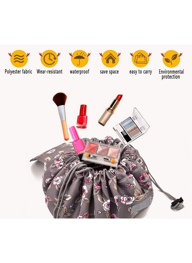 Lazy Cosmetic Multifunction Bag Drawstring Makeup Pouch Makeup Bags Toiletry Organizer For Women (Grey Floral)