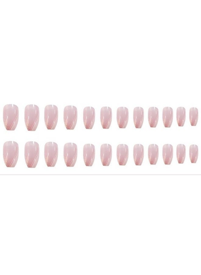 Deborah French Press On Nails Artificial Nails, Reusable Fake Nails, Set Of 22 False Nails Universally Sized Nail Extensions For Women Press- On Nails, Longlasting Fake Nails With Glue Glossy Finish (Silver Detailing With Pinkish Nude Base )