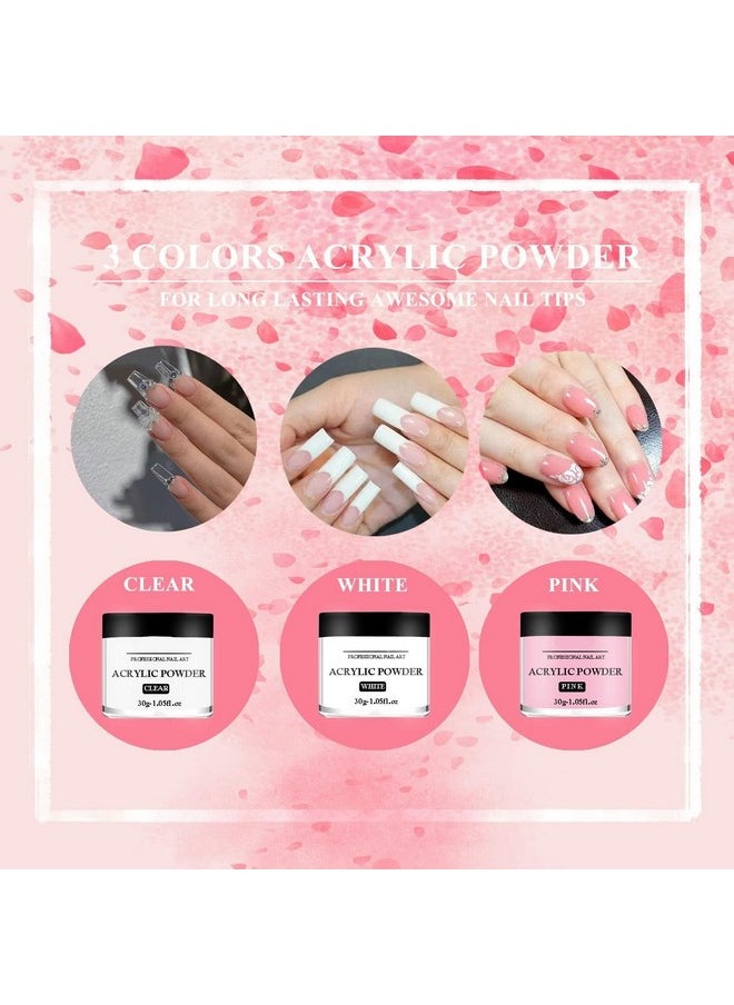 Acrylic Powder Set - 3 Colors 30G White Clear Pink Acrylic Nail Powder Professional Polymer Colored Acrylic Nail Powder For Acrylic Nail Extension Carving