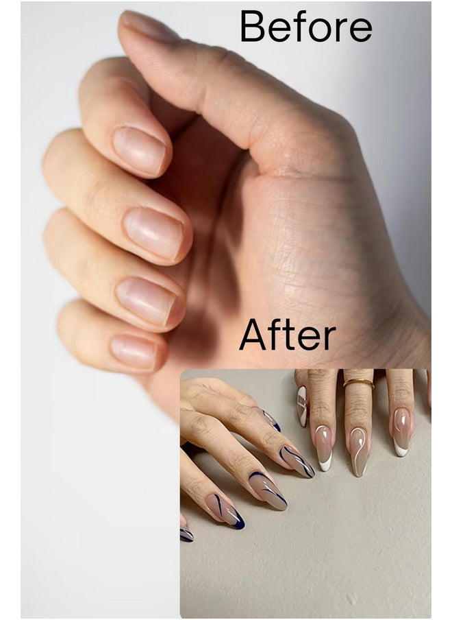 Blue O White Long Oval Press On Nails Artificial Nails, Reusable Fake Nails, Set Of 22 False Nails Universally Sized Nail Extensions For Women Press- On Nails, Longlasting Fake Nails With Glue Glossy Finish ( Nude Base With Blue And White Abstract Design)
