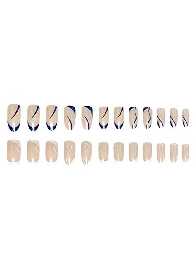 Blue O White Long Oval Press On Nails Artificial Nails, Reusable Fake Nails, Set Of 22 False Nails Universally Sized Nail Extensions For Women Press- On Nails, Longlasting Fake Nails With Glue Glossy Finish ( Nude Base With Blue And White Abstract Design)