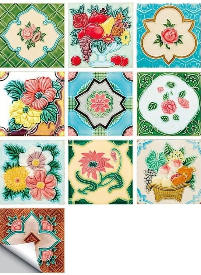 Tile Stickers10 Pieces Of Splicing Small Floral Simulation Art Floor Home Renovation Kitchen And Bathroom Decoration Self-Adhesive Wall Oil Proof