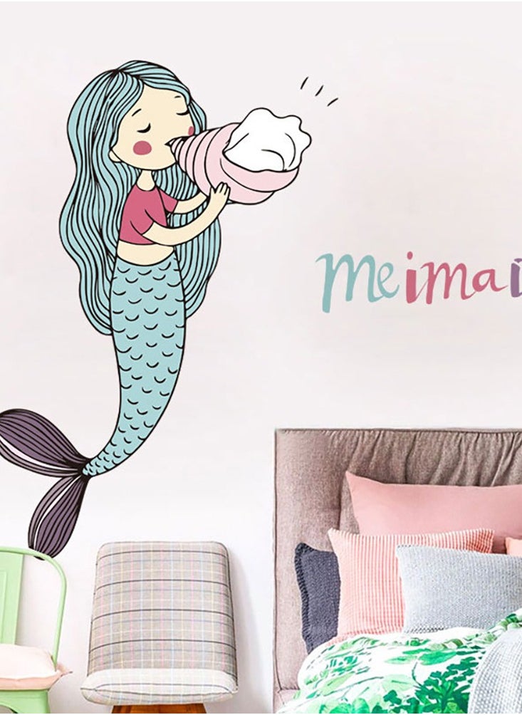 Cartoon Mermaid Blowing Conch Wall Sticker Self-adhesive Bedroom Background Wall Decoration Wallpaper