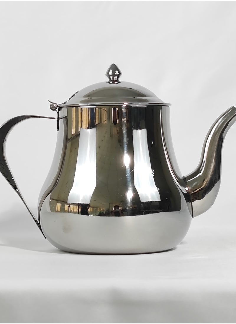 Classic Morocco Style Arabic Coffee Dallah Pot Rustproof Premium Stainless Steel Teapot Mirror Finish Coffee Kettle Easy Pour Spout Tea Kettle with Hinged Lid and Ergonomic Handle Dishwasher Safe Induction Safe Teapot for Office Home 24Oz