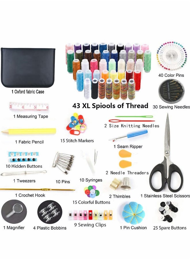 Sewing Kit, 226 Premium Sewing Supplies with PU Case, 43 XL Thread Spools, Thimble, Thread, Needle for Beginners/Professionals/Adults, DIY and Home Button Repair Kit