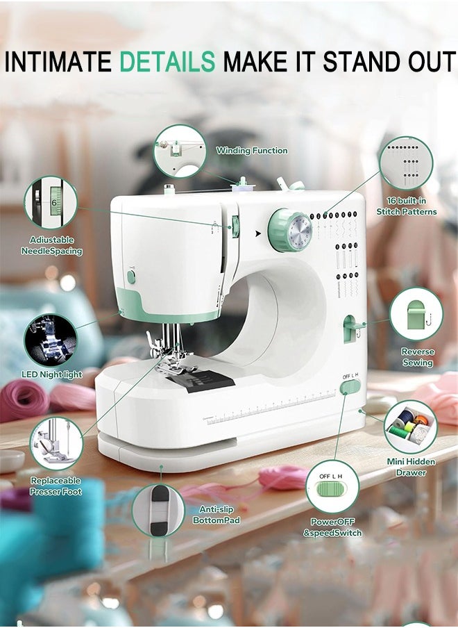 Portable Sewing Machine, Mini Electric Stitching Machine for Beginners, Double Needle 2 Speed 2 Thread Swing Machine With 16 Stitches, Reverse Stitch,Sewing Kit with Foot Pedal for Household