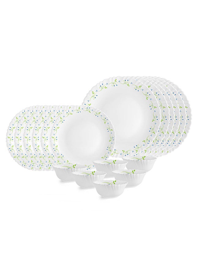 Cello Opalware Dazzle Series Tropical Lagoon Dinner Set, 18 Units | Light-Weight, Daily Use Crockery Set for Dining | White Plate and Bowl Set