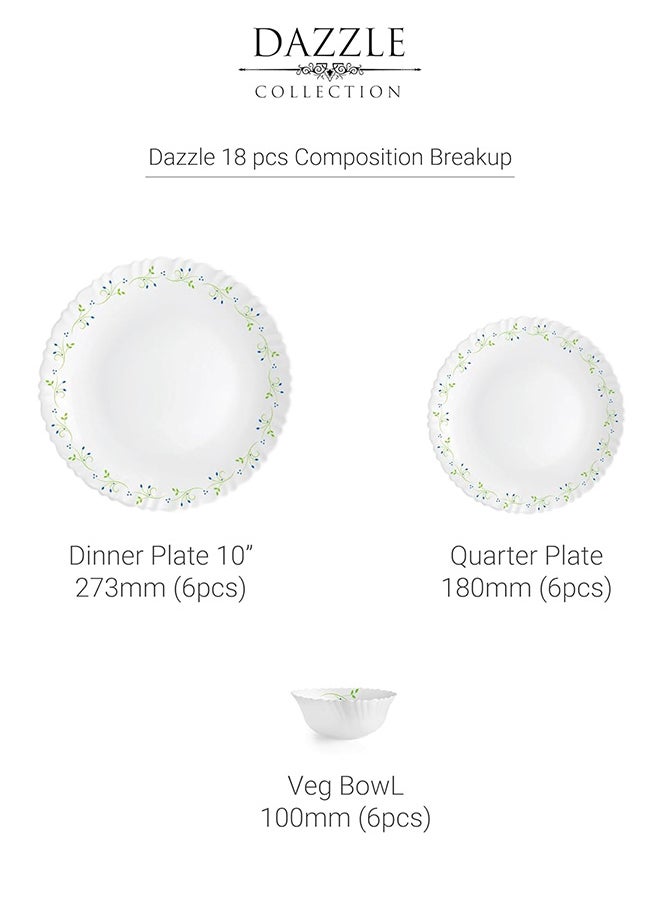 Cello Opalware Dazzle Series Tropical Lagoon Dinner Set, 18 Units | Light-Weight, Daily Use Crockery Set for Dining | White Plate and Bowl Set