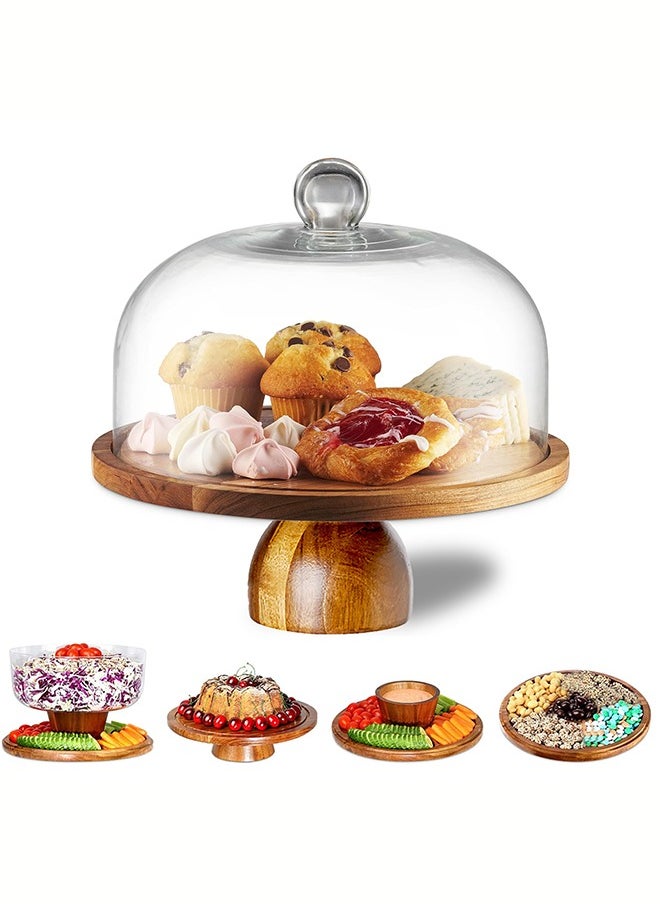 Acacia Wood Cake Stand with Clear Acrylic Dome Cover, 6-in-1 Multifunctional Cake Holder, Serving Platter, Salad Bowl, Punch Bowl, Veggie Stand, Snack Tray