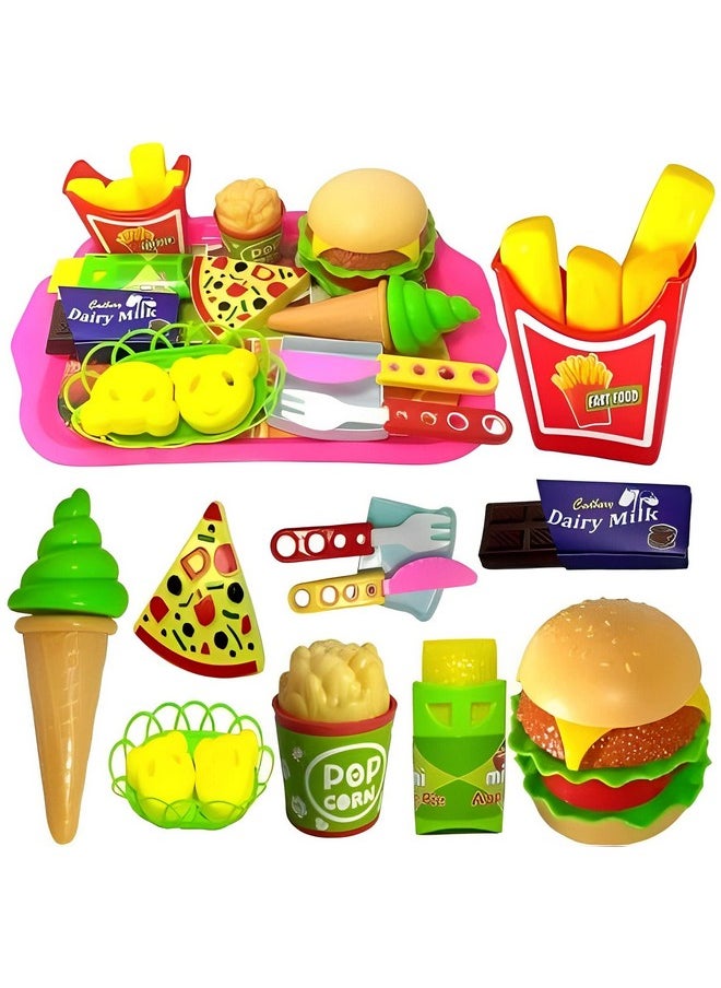 18 Pcs Play Fast Food Set Pretend Play Barger Fries And Ice Cream With Trey Food Toy | Best Gifts Food Playset For Boys Girls Kids- Multicolor 4 Years And Up