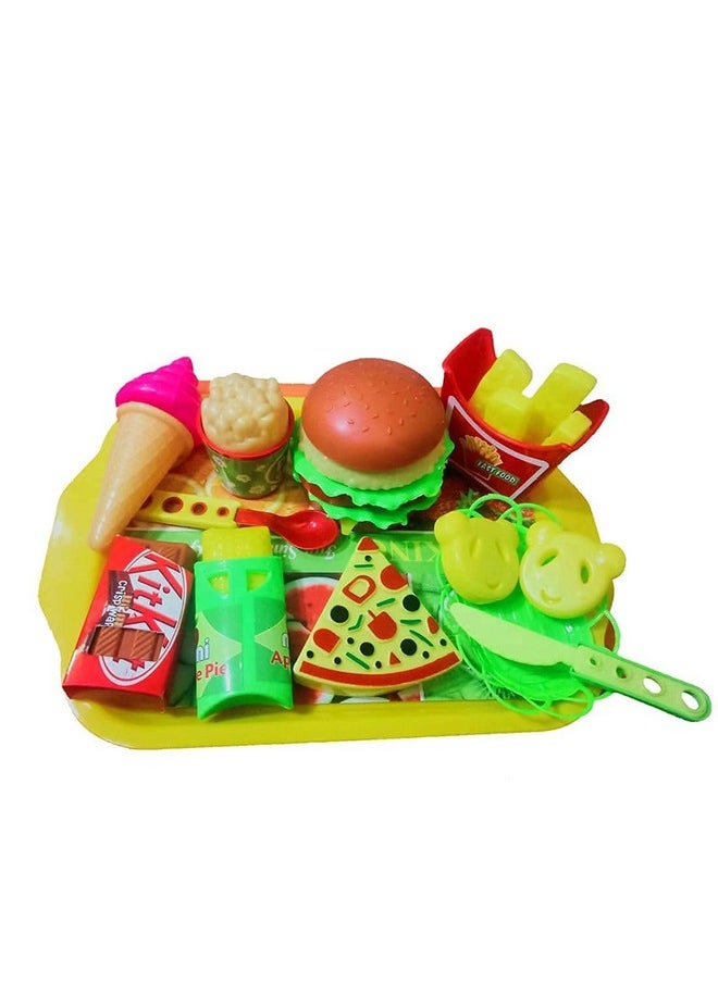 18 Pcs Play Fast Food Set Pretend Play Barger Fries And Ice Cream With Trey Food Toy | Best Gifts Food Playset For Boys Girls Kids- Multicolor 4 Years And Up