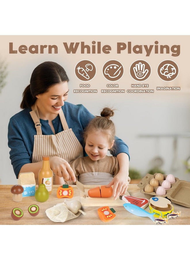 Wooden Play Food Sets For Kids Kitchen, Food Toys For Toddlers 3+ Year Old, With Shopping Bag, Pretend Food Play Kitchen Cutting Fruits Vegetables Toys, Gift For Boys Girls