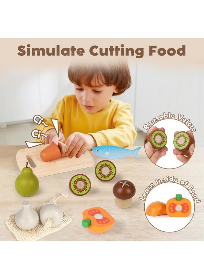 Wooden Play Food Sets For Kids Kitchen, Food Toys For Toddlers 3+ Year Old, With Shopping Bag, Pretend Food Play Kitchen Cutting Fruits Vegetables Toys, Gift For Boys Girls