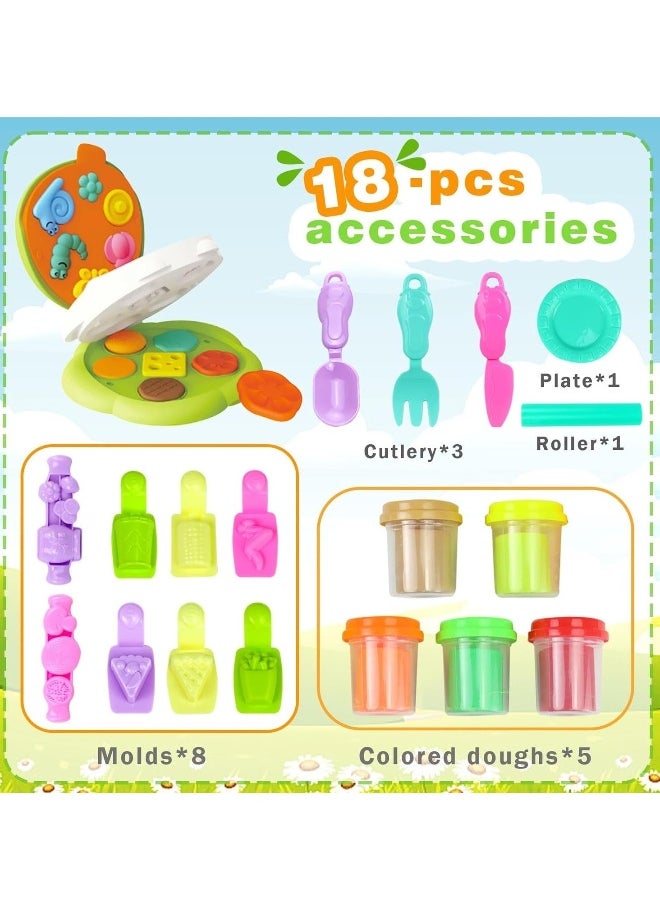 18 Pcs Playdough Set for Kids Ages 4-8 with Frog Maker Machine Burger Kitchen Creations Play Dough Bulk Molds and Color Dough DIY Handmade Toys Kit for Toddler Set