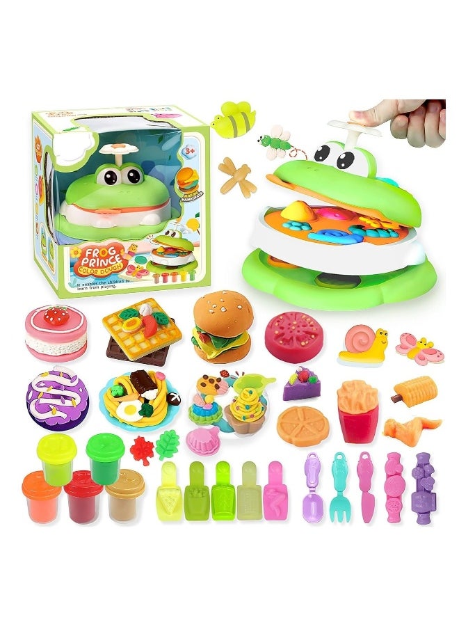 18 Pcs Playdough Set for Kids Ages 4-8 with Frog Maker Machine Burger Kitchen Creations Play Dough Bulk Molds and Color Dough DIY Handmade Toys Kit for Toddler Set