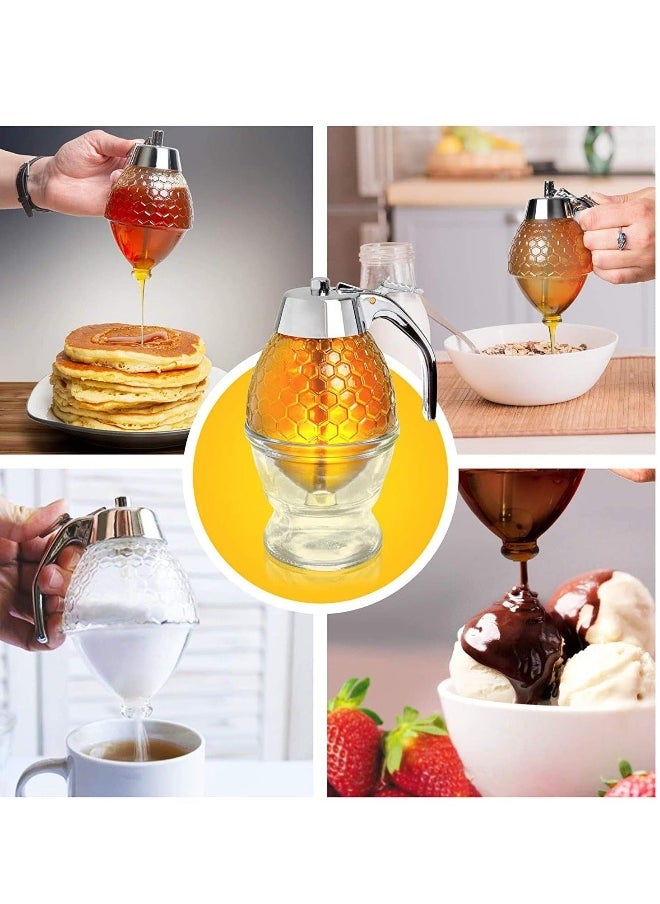 Honey Dispenser, Honey Comb Shaped Honey Pot with Stand, No Drip Honey Dispenser for Honey Syrup Sugar Sauces Jar, Syrup Bottle with Non Slip Stand 8OZ