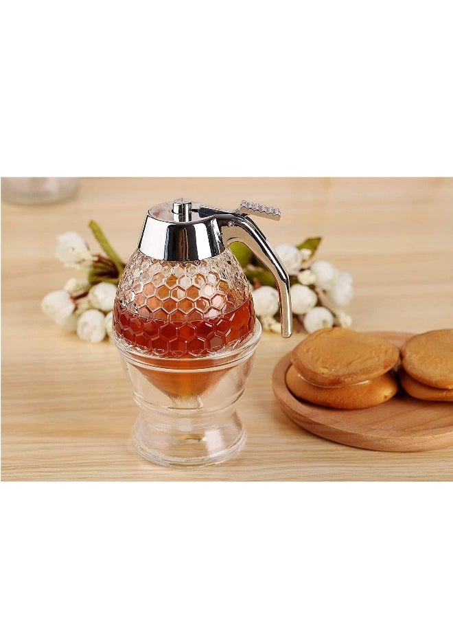 Honey Dispenser, Honey Comb Shaped Honey Pot with Stand, No Drip Honey Dispenser for Honey Syrup Sugar Sauces Jar, Syrup Bottle with Non Slip Stand 8OZ