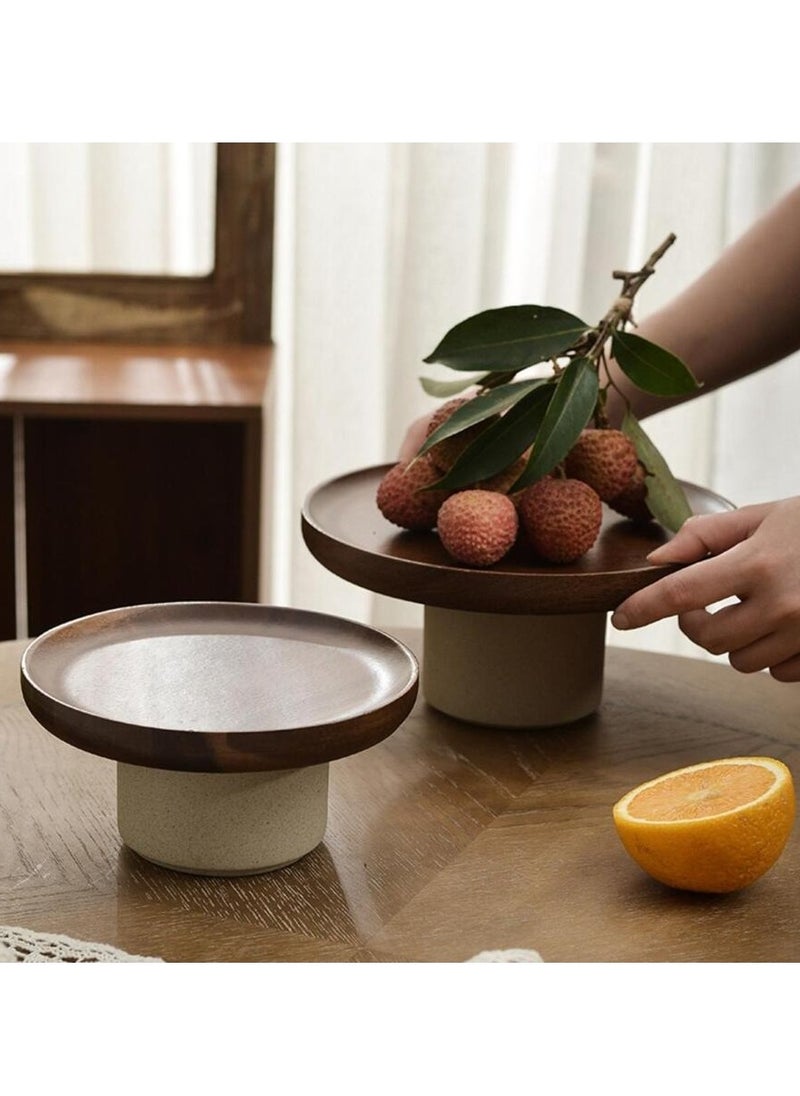 Acacia Wood Tray with Ceramic Base - Dual Layer Snack Plate, Cake Stand, Fruit Bowl - Food-Safe, Durable Serving Platter