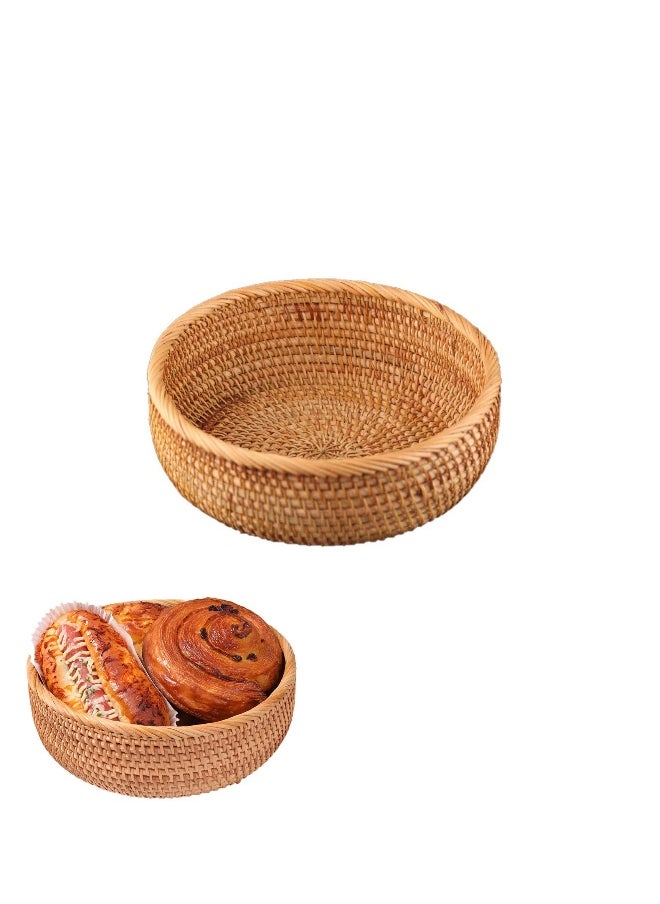 Handwoven Round Rattan Fruit Basket - Wicker Food Tray for Dinning Room - Weaving Storage Holder - Natural Woven Bread Basket - Table Countertop Bowl (Medium 9