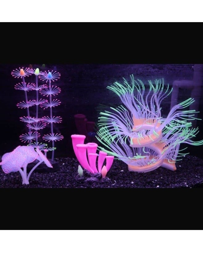 4 Pieces Silicone Glow Fish Tank Decorations Plants with Simulation Silicone Coral, Artificial Horn Coral,Fluorescence Sea Anemone for Aquarium Fish Tank Glow Ornament