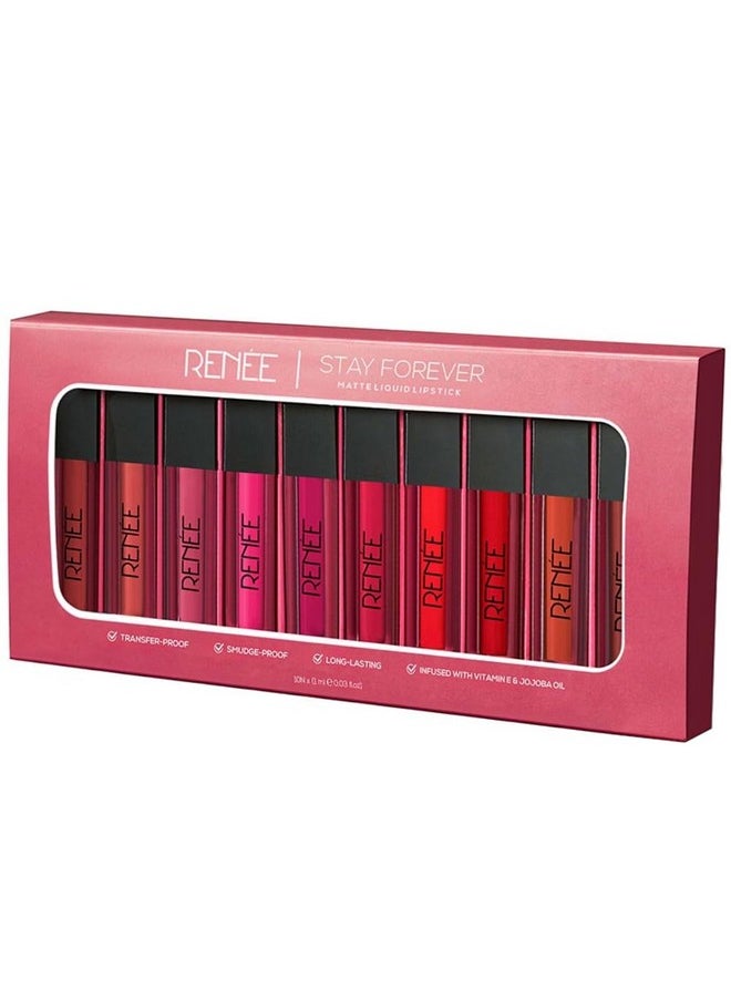 Stay Forever Matte Liquid Lipstick Combo - Transfer-Proof, Smudge-Proof, Long Lasting, Infused With Vitamin E & Jojoba Oil - Perfect For Gifting, Wedding, Special Occasions, Travel Pack Of 10