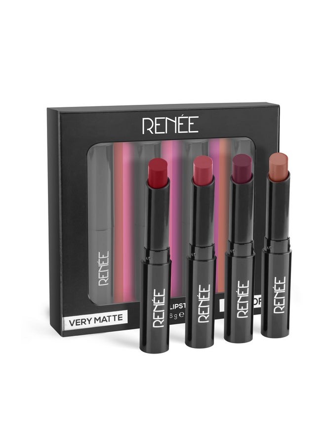 Very Matte - Pack Of 4 Matte Lipsticks | Intense Color Pay Off, Full Coverage Long Lasting Weightless Velvety Formula