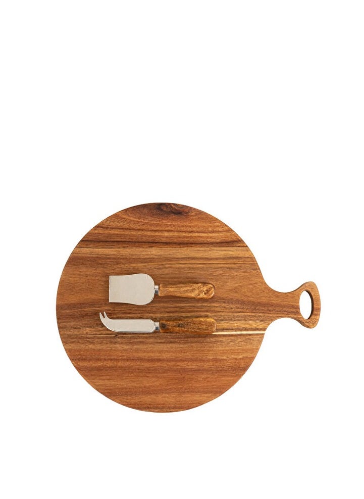 Brown Wooden Round Cheese Serving and Presentation Set