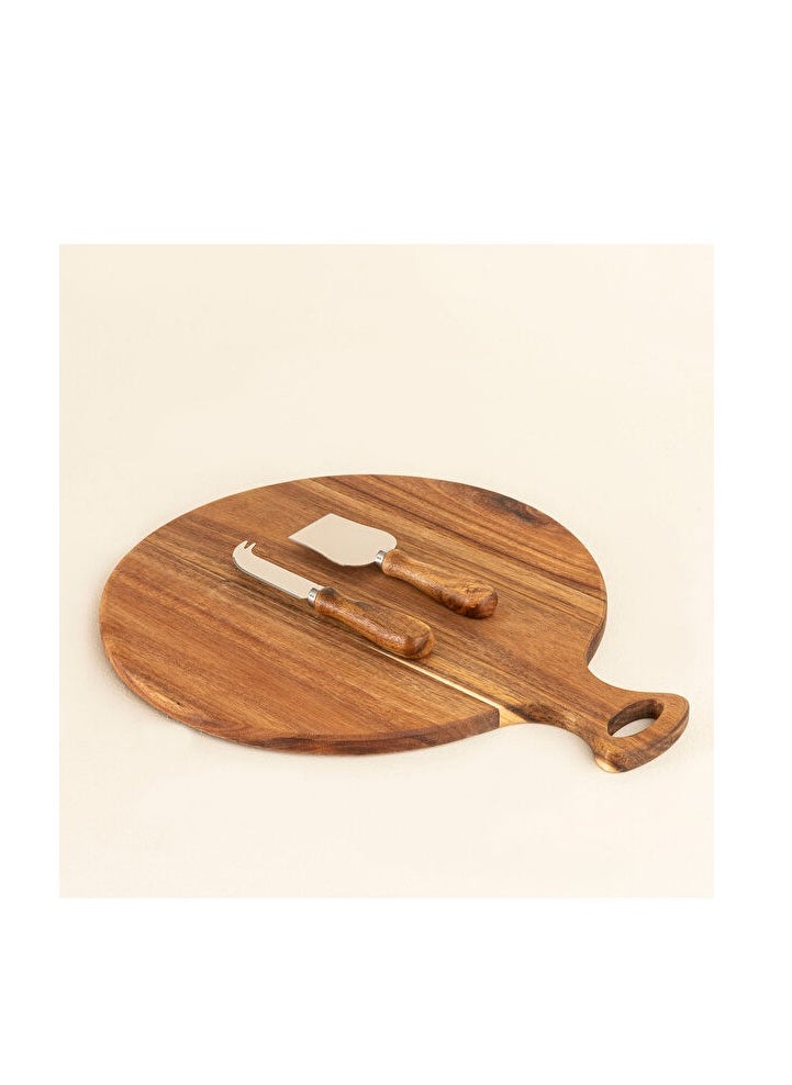 Brown Wooden Round Cheese Serving and Presentation Set