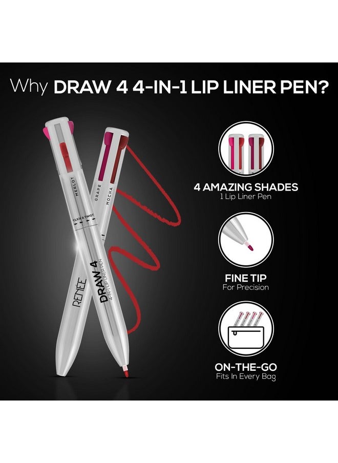 Draw 4-4-In-1 Lip Liner, Four Shades Pinks, Brown, Nude & Red In One Pen - Highly Pigmented, Rich Texture, Matte Finish, One-Swipe Application & Travel-Friendly