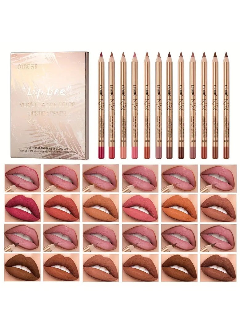 12 Color Velvet Lip Liner Pencil Gift Set - Smudge-Proof, Long-Lasting, Matte Finish, Non-Transferable, Golden Tube Lip Pencils with Plant Squalane - Perfect Mother's Day Gift for Women, Cruelty-Free, Vegan-Friendly, and Moisturizing