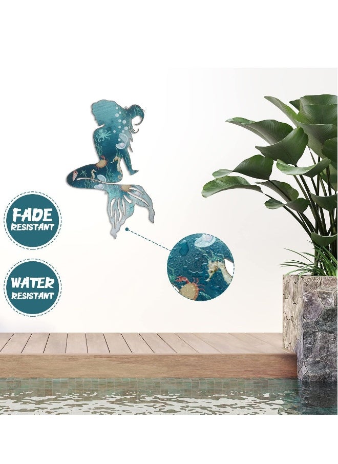 Art Wall Decor, Mermaid Rustproof Metal Wall Decoration, Hanging Stainless Steel Mermaid Hoom Decorations for Room Wall Patio Swimming Pool Bathroom, 15 x 8.5 Inches
