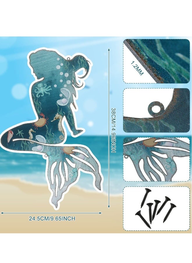 Art Wall Decor, Mermaid Rustproof Metal Wall Decoration, Hanging Stainless Steel Mermaid Hoom Decorations for Room Wall Patio Swimming Pool Bathroom, 15 x 8.5 Inches