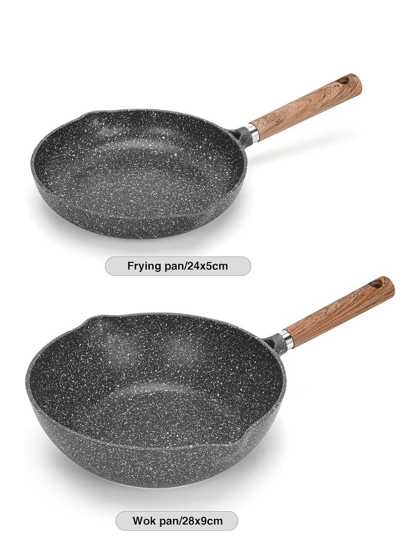 Frying Pan and Wok Pan Combo Set Frying Pan 24cm And Wok Pan 28m, Aluminum Granite Greblon C2 Coating Frypan Milano Series, Induction Bottom for all Cooktops | Ergonomic Bakelite Handle | PFOA Free